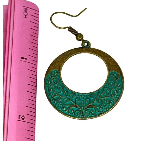 Vintage Style Brass & Turquoise Open Circle Dangle Earrings With Intricate Desig - Picture 4 of 4